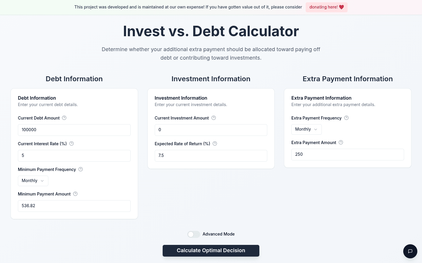 Invest vs Debt website screenshot