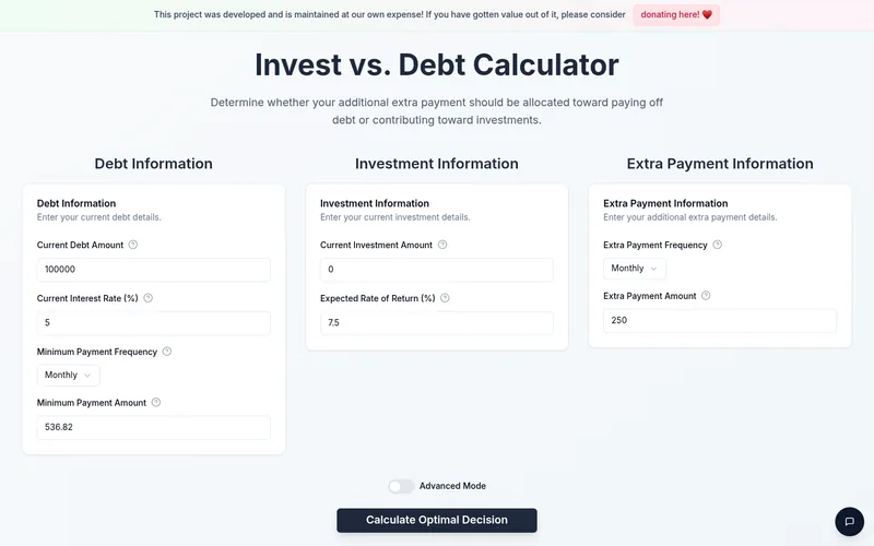 Invest vs Debt website screenshot